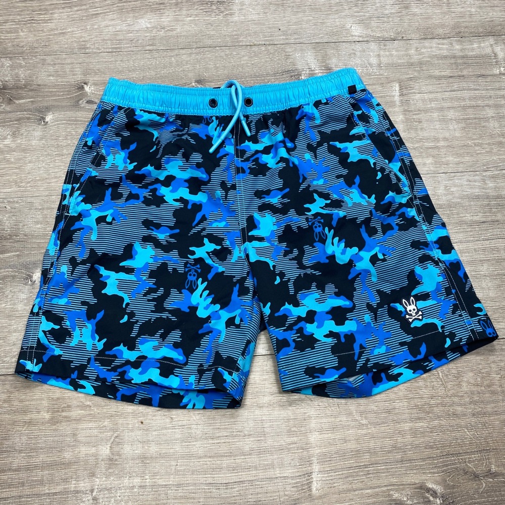 Psycho Bunny Swim Trunks Boys XL Blue Camo Striped Mesh Lined Beach Shorts - Picture 1 of 10